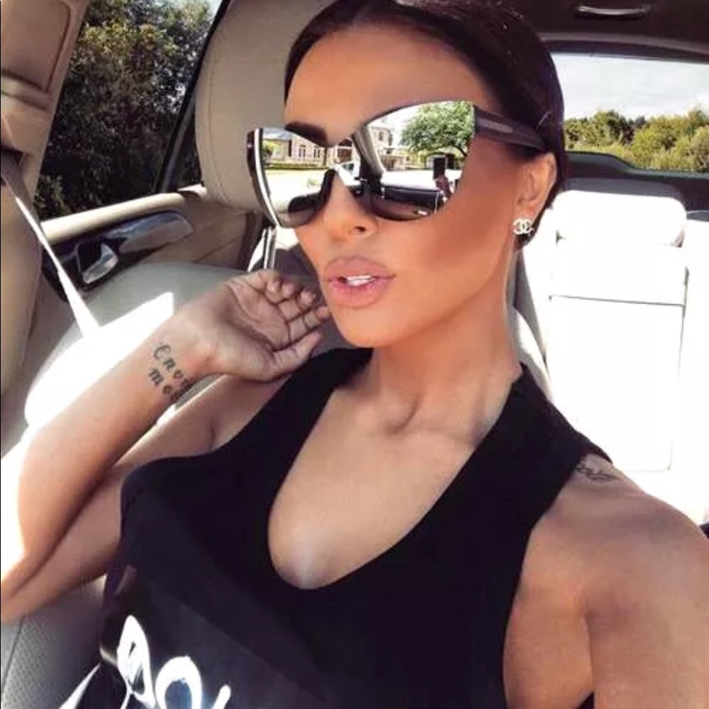 Huge SUNGLASSES Silver CAT EYE MIRROR UV400